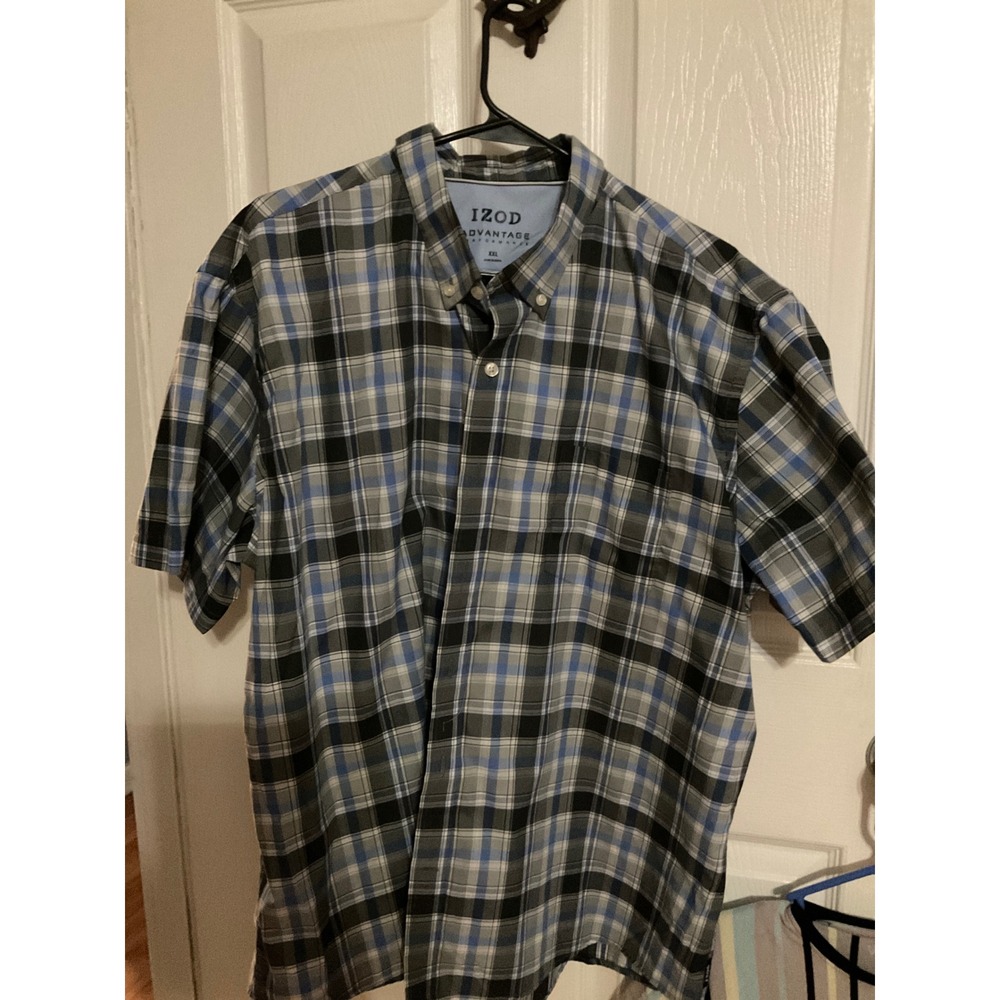 IZOD Advantage Performance Mens XXL Blue Black Plaid Short Sleeve Button Down